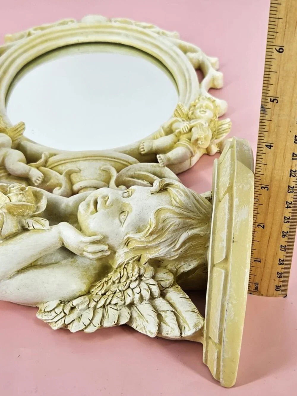 Set 3 Cherub Baroque Wall Shelves Oval Angelic Mirror Romantic Shabby VTG White